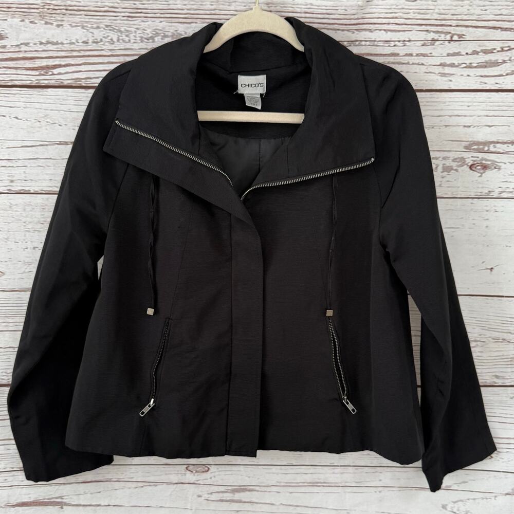 Chico's Women's Black Cotton Blend Pockets Full Zip Jacket Size 0